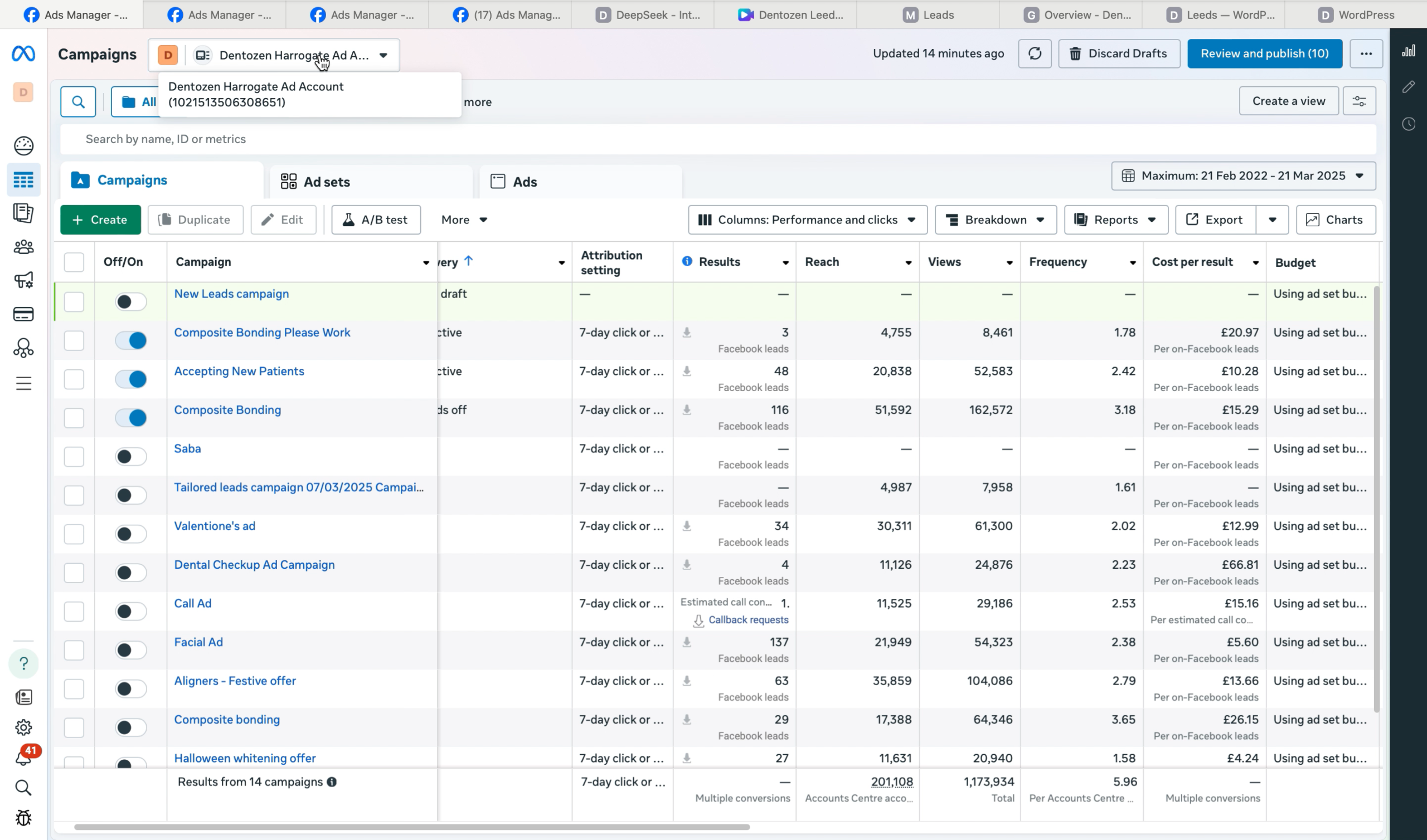Dentozen Harrogate Ad Account · 14 campaigns · 201,108 reach · 1,173,934 total views